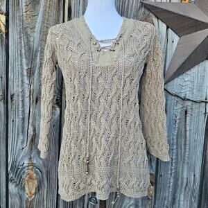 Loose Knit Linen Blend Sweater Tommy Bahama Size S Vneck Beaded Tie Solid Tan